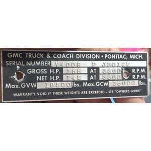 1962 GMC Truck Data Plate Pontiac Michigan Vintage Metal